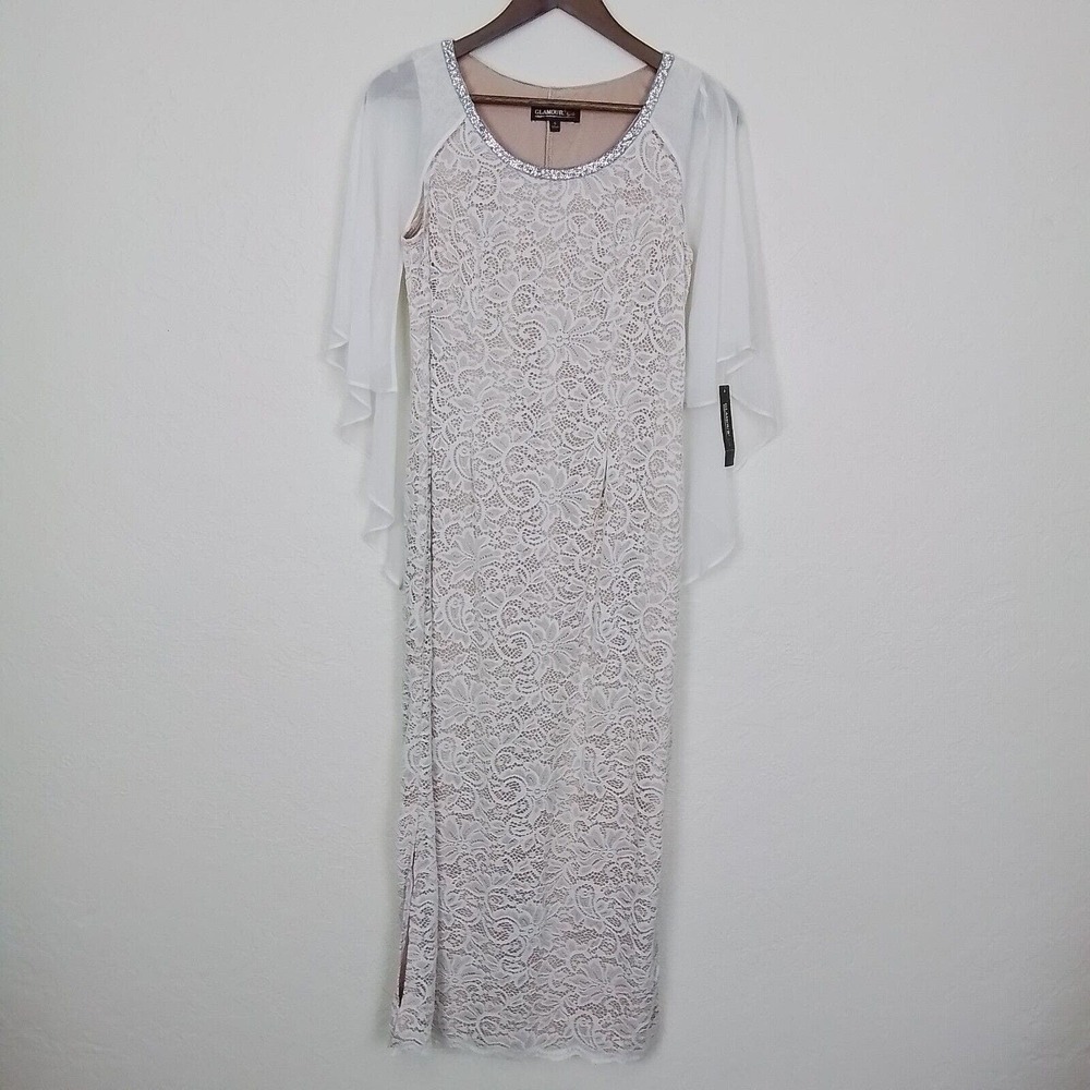 Glamour Nights‎ White Size 6 Round Neck Lace Side Slit Midi Dress Flutter Sleeve